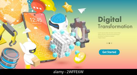 Konzeptionelle 3D-Vektor-Illustration digitaler Transformationsbereiche: Big Data, Netzwerke, Automatisierung, Kommunikation, IoT, Robotik, KI, Techno Stock Vektor