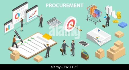 3D Isometrischer Flachvektor konzeptuelle Darstellung der Beschaffung, des Prozesses der Suche und Vereinbarung von Bedingungen und des Erwerbs von Waren, Dienstleistungen oder Arbeiten. Stock Vektor