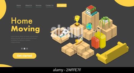 Startseite-Page-Vorlage für isometrischen flachen 3D-Vektor des Service für die Verlegung und Verlagerung von Häusern. Stock Vektor