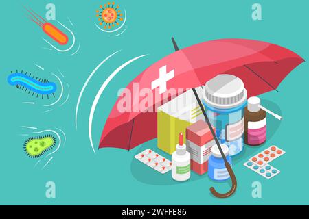 3D Isometrischer Flachvektor konzeptionelle Darstellung des Antibiotikaschutzes. Stock Vektor