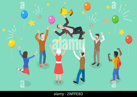 3D Isometrischer flacher Vektor konzeptionelle Illustration der Gruppe von Menschen feiern eine Leistung, Celebration Friends Party. Stock Vektor
