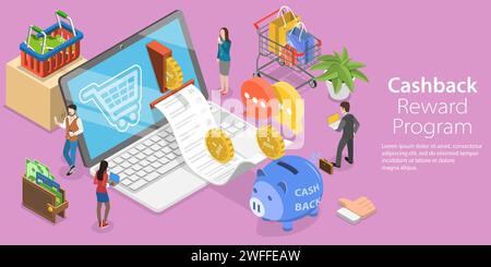 3D Isometrischer flacher Vektor konzeptuelle Illustration des Cashback-Prämienprogramms, beim Online-Shopping Geld sparen Stock Vektor