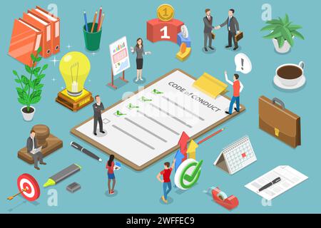 3D Isometrischer flacher Vektor konzeptuelle Darstellung des Verhaltenskodex, der Geschäftsethik, der Aussage ethischer Werte. Stock Vektor