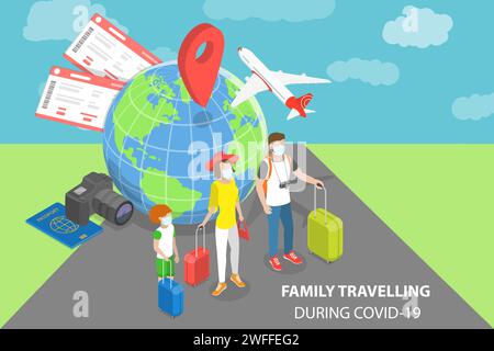 3D Isometrischer Flachvektor konzeptionelle Illustration einer Familienreise während COVID-19, Tragen einer Gesichtsmaske Stock Vektor