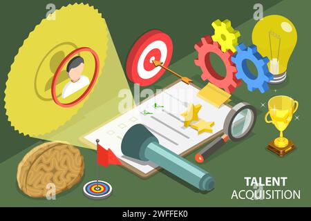 3D Isometrischer flacher Vektor konzeptuelle Darstellung von Talent Acquisition Process, Recruiting und Headhunting. Stock Vektor