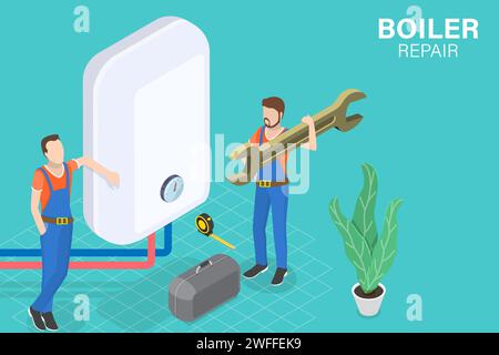 3D Isometrischer Flachvektor konzeptuelle Darstellung der Kesselreparatur, Installation von Heizungssystemen Stock Vektor