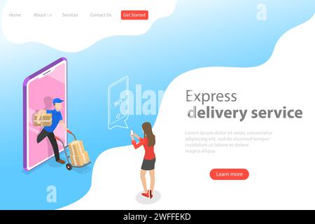Isometrische flache Vektor-Landingpage-Vorlage für Expressversand, Kurierdienst, Warenversand, Online-Bestellung von Lebensmitteln. Stock Vektor