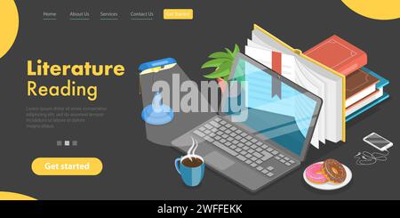 3D Isometrischer flacher Vektor konzeptuelle Illustration der Literaturlesung, Online-Bibliothek, Fernunterricht. Stock Vektor