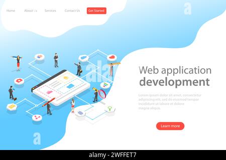 Isometrische Landing-Page-Vorlage für flache Vektoren von Web-Services-Agentur, Website-Builder, Website-Konstrukteur, Software-Entwicklung. Stock Vektor