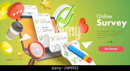 3D Isometrischer flacher Vektor konzeptuelle Illustration von Online-Umfrage, Kundenbewertung und Feedback, Qualitätstest, Kundenzufriedenheitsforschung. Stock Vektor
