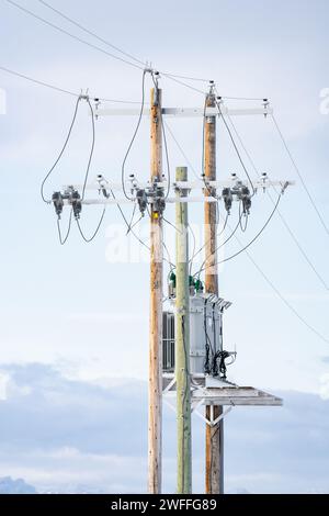 Hölzerne Strommasten stehen hoch vor einem blauen Himmel mit Transformatoren und Stromleitungen im ländlichen Alberta Kanada. Stockfoto