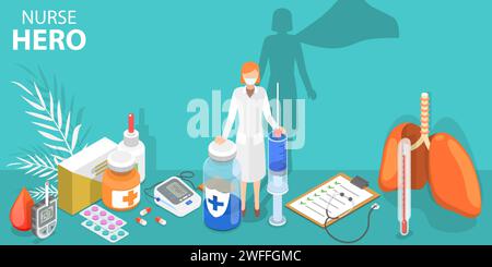 3D Isometrischer Flachvektor konzeptionelle Illustration von Krankenschwester Held, Mediziner kämpfen gegen COVID-19. Stock Vektor