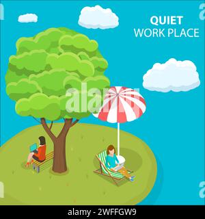 3D Isometrischer flacher Vektor konzeptuelle Illustration von ruhigem Arbeitsplatz, Online-Bildung, Buchlesen. Stock Vektor