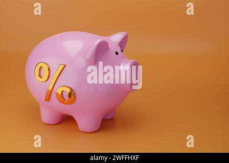 Schweinebank mit goldenem Prozentzeichen und Kopierraum. 3D-Abbildung. Stockfoto