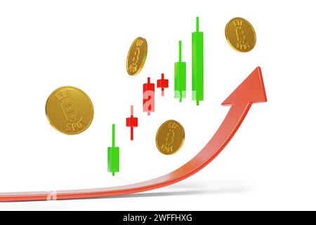 Bitcoin ETF Spot mit Kerzendiagramm und Wachstumspfeil isoliert auf weißem Hintergrund. 3D-Abbildung. Stockfoto