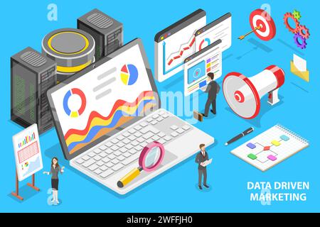 Konzeptionelle 3D-Darstellung des isometrischen flachen Vektors von datengesteuertem Marketing, Datenforschung und -Analyse. Stock Vektor