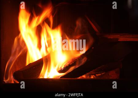 Lagerfeuer mit brennendem Brennholz auf dunklem Hintergrund Stockfoto