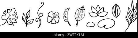 Einfache handgezeichnete tropische Vektor-Design-Elemente im Doodle-Stil. Satz von Blättern, Blumen und Zweigen. Für Muster, Logo oder Dekoration. Stock Vektor
