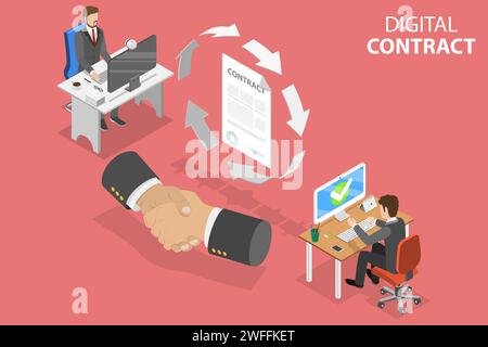 3D Isometrischer flacher Vektor konzeptionelle Darstellung von Smart Contract, Online-Vertragsunterzeichnung, digitaler Signatur. Stock Vektor