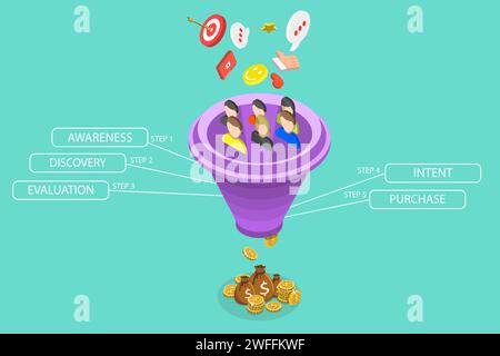 Isometrische flache Vektor-Landing-Page-Vorlage für Konversionstrichter, Ratenoptimierung, digitale Marketingstrategie. Stock Vektor