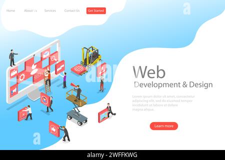 Isometrische flache Vektor-Landing-Page-Vorlage für Website-Builder, Website-Konstrukteur, Web-Service-Agentur, Software-Entwicklung. Stock Vektor