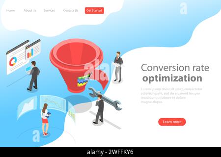 Isometrische Landing-Page-Vorlage für flache Vektoren zur Optimierung der Konversionsrate, Marketingtrichter, digitale Marketingstrategie. Stock Vektor