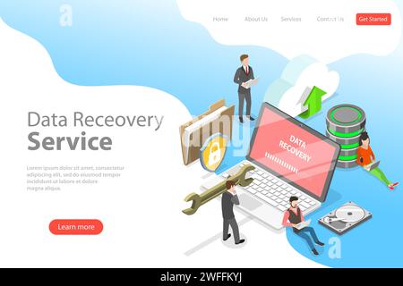 Isometrische flache Vektor-Vorlage für Datenwiederherstellungsdienste, Datensicherung und -Schutz, Hardwarereparatur. Stock Vektor