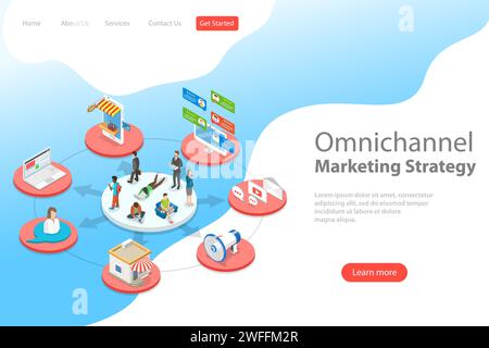 Isometrische flache Vektor-Landing-Page-Vorlage für Omnichannel, mehrere Kommunikationskanäle zwischen Verkäufer und Kunde, digitales Marketing, Online-Shop Stock Vektor