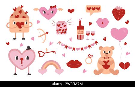 Zum Valentinstag kawaii niedliches Set im Retro-Stil mit pfirsichfarbenem Fuzz und flachen Charakteren: Herz, Bär, Umschlag, Schloss mit Schlüssel. Liebe und vermählt Stock Vektor