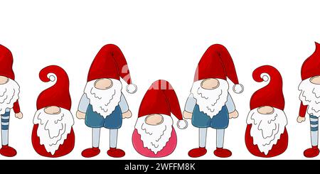 Skandinavische Weihnachtszwerge. Nahtlose Silvester-Grenze. Vektordesign für Papier, Umschlag, Stoff, Innenraum und andere Zwecke Stock Vektor