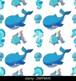 Kreatives nahtloses Meeresmuster. Wale und ihre Freunde. Muster in Handzeichnung, erstellt für Stoffe, Textilien, Geschenkpapier, Verpackungen, usw. Stock Vektor