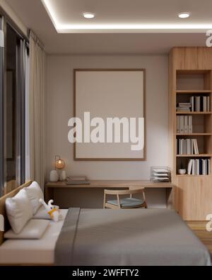 Ein leeres, leeres Bilderrahmen-Modell an einer weißen Wand in einem modernen, gemütlichen Schlafzimmer. 3D-Rendering, 3D-Abbildung Stockfoto