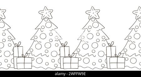 Nahtlose Silvester-Grenze. Weihnachtsbäume in Zeichentrickfilmen. Färbung Stock Vektor