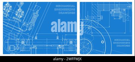 Konstruktionszeichnungssatz. Zeichnungen für den Instrumentenbau. Illustration der Vektortechnik. Computergestütztes Design Stock Vektor