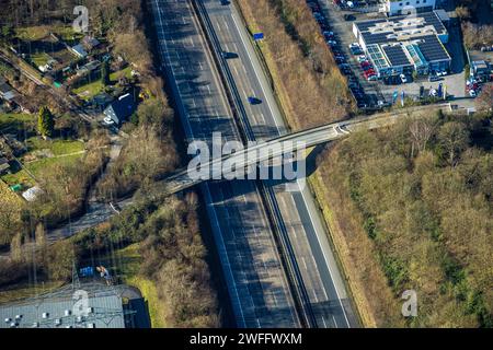 Luftbild, gesperrte Brücke Bebbelsdorf über die Autobahn A44, Annen, Witten, Ruhrgebiet, Nordrhein-Westfalen, Deutschland ACHTUNGxMINDESTHONORARx60xEURO *** Luftaufnahme, geschlossene Brücke Bebbelsdorf über die Autobahn A44, Annen, Witten, Ruhrgebiet, Nordrhein-Westfalen, Deutschland ATTENTIONxMINDESTHONORARx60xEURO Stockfoto