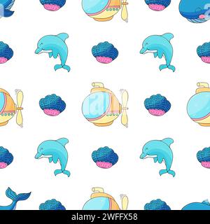 Kreatives nahtloses Meeresmuster. Wale und ihre Freunde. Muster in Handzeichnung, für Stoffe, Textilien, Umhüllungen usw. Stock Vektor