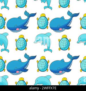 Kreatives nahtloses Meeresmuster. Wale und ihre Freunde. Muster in Handzeichnung für Stoffe Stock Vektor