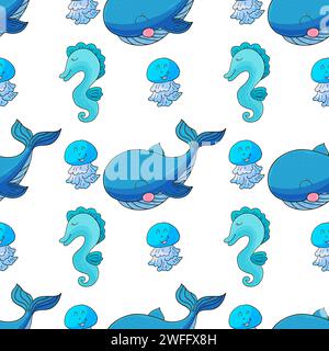 Kreatives nahtloses Meeresmuster. Wale und ihre Freunde. Muster in Handzeichnung für Stoffe, Textilien, Geschenkpapier usw. Stock Vektor