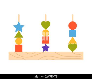 Holzspiel mit verschiedenen Formen. Montessori Entwicklungssystem Cartoon Vektor Illustration Stock Vektor