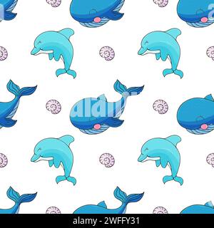Wale und ihre Freunde. Kreatives nahtloses Meeresmuster. Muster in Handzeichnung, erstellt für Stoffe, Textilien, Geschenkpapier, Verpackungen, CHIL Stock Vektor