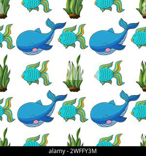 Wale und ihre Freunde. Kreatives nahtloses Meeresmuster. Muster in Handzeichnung, erstellt für Stoffe, Textilien, Geschenkpapier, Verpackungen, CHIL Stock Vektor