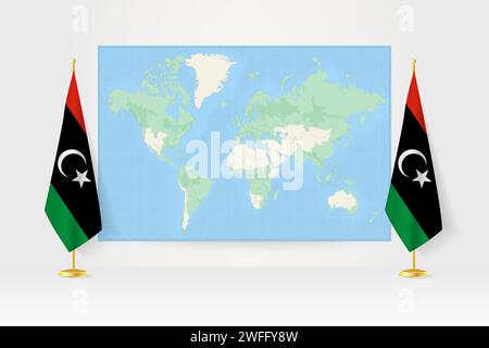 Weltkarte zwischen zwei hängenden Flaggen Libyens auf Fahnenstand. Vektor-Illustration für Diplomatie-Treffen, Pressekonferenz und andere. Stock Vektor