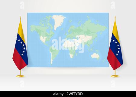 Weltkarte zwischen zwei hängenden Flaggen Venezuelas am Flaggenstand. Vektor-Illustration für Diplomatie-Treffen, Pressekonferenz und andere. Stock Vektor