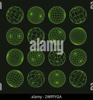 Drahtmodellformen, gefütterte Kugel. Perspektivisches Netz, 3D-Raster. Geometrische Elemente mit niedrigem Poly. Futuristische Retro-Designelemente, y2k, Vaporwave und Synthwave Stock Vektor