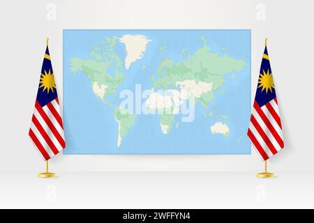 Weltkarte zwischen zwei hängenden Flaggen Malaysias am Flaggenstand. Vektor-Illustration für Diplomatie-Treffen, Pressekonferenz und andere. Stock Vektor