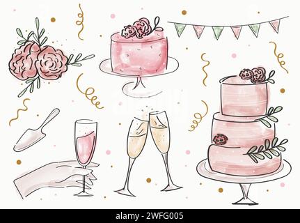 Handgezeichnetes Doodle-fest-Set. Vektor Aquarellkuchen, Blumen, Champagner, Konfetti. Stock Vektor