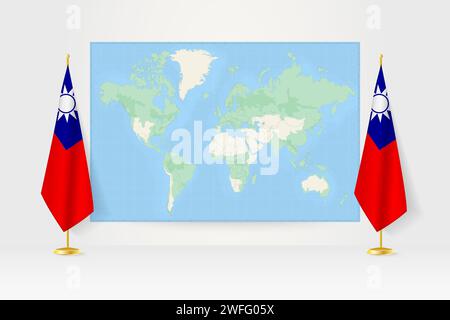 Weltkarte zwischen zwei hängenden Flaggen Taiwans am Flaggenstand. Vektor-Illustration für Diplomatie-Treffen, Pressekonferenz und andere. Stock Vektor