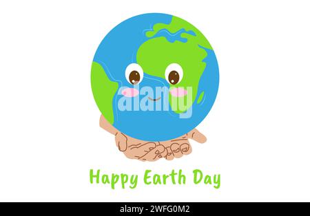 Erde Tag süßer lustiger Charakter weißer Hintergrund. Hände halten den Planeten. Banner, Poster, Postkartendesign. Vektor. Stock Vektor
