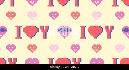 Ich liebe dich und Pixelherzen nahtloses Muster auf Gelb, Vektor-Illustration Stock Vektor
