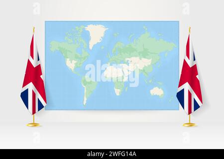 Weltkarte zwischen zwei hängenden Flaggen Großbritanniens am Flaggenstand. Vektor-Illustration für Diplomatie-Treffen, Pressekonferenz und andere. Stock Vektor